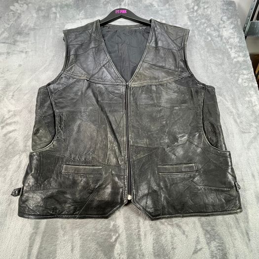 Black Patchwork Leather Vest Waistcoat - Zip Buckles - Large