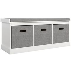 Three-Drawer Shoe Storage Bench, with Padded Top Seat - White