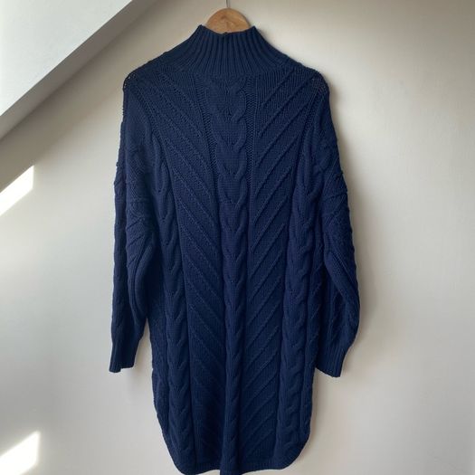 REISS Laura Navy Blue Cable Knit Wool Blend Sweater Dress Tunic Mock Neck Size M