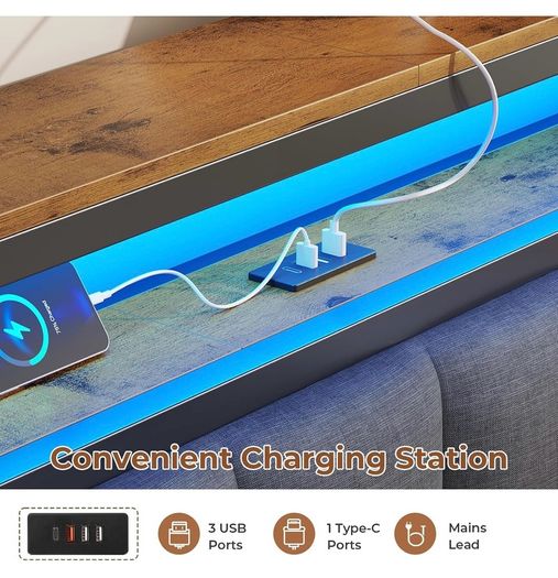 Double Bed Frame 135x190 cm with Floating Visual Effect, 4ft6 Metal Bed Frame with Adjustable LED Lighting and Charging Station, Double Bed with Headboard, Dark Grey (Mattress Not Included)