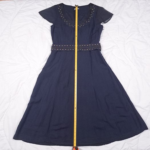 Per Una Navy Blue Linen Embellished Scoop Neck Chiffon Flutter Sleeve Midi Dress 14UK/42EU