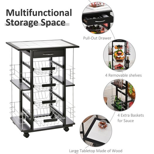 4-Tier Kitchen Trolley Cart on Rolling Wheels with 4 Removable Baskets, 4 Side Rack Organizer,Ceramics Tile Top