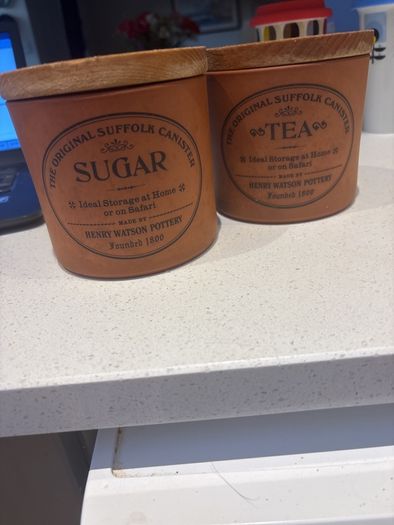 RESERVED- Vintage Henry Watson The Original Suffolk Canister Sugar and Tea Terracotta Storage Jars with wooden pull off lid