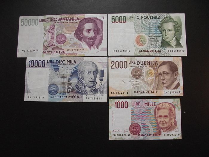 Italy: 5 Notes: 50000l+10000l+5000l+2000l+1000l (1984-1992) Nice Condition!