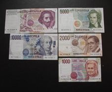 Italy: 5 Notes: 50000l+10000l+5000l+2000l+1000l (1984-1992) Nice Condition!