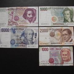 Italy: 5 Notes: 50000l+10000l+5000l+2000l+1000l (1984-1992) Nice Condition!