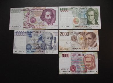 Italy: 5 Notes: 50000l+10000l+5000l+2000l+1000l (1984-1992) Nice Condition!