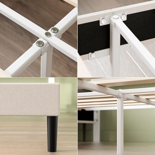Double Bed Frame with Headboard - 4ft6 (135 x 190 cm) - 11.8'' Height - Upholstered Bed Base - Wooden Slat Support - Easy Assembly - Off White