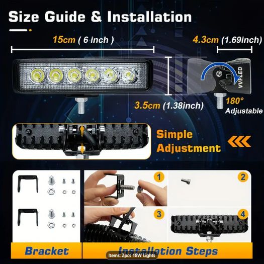 2pcs 6-Inch 18W LED Work Lights, Spotlight Off-Road LED Pods, Fog Lights, Driving Lamps with Adjustable Bracket, Ultra Bright