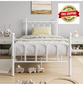3ft Single Metal Bed Frame with Headboard, White Heavy Duty Foundation, Metal Slat Support, Underbed Storage, Easy Assembly, for Bedroom Dorm Guest Room