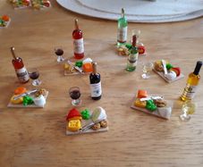 Miniature cheeseboard + wine - dolls house accessories