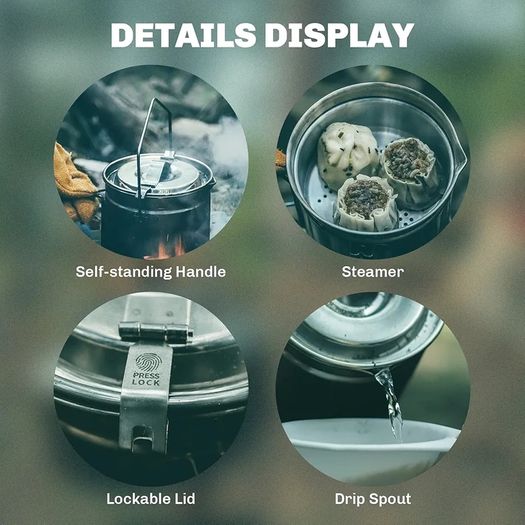 Camping Pot Stainless Steel Camping Hanging Cup with Steamer Basket | 1.2L Campfire Coffee Mug with Foldable Handle for Outdoor Cooking