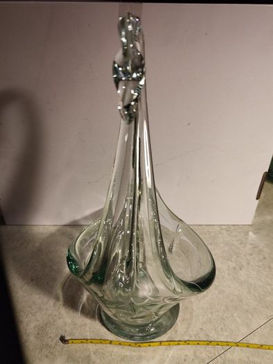 OLD CUT Vintage Handcrafted large glass LITE BLUE OR SEA GREEN swan plants flowers OR candle centerpiece