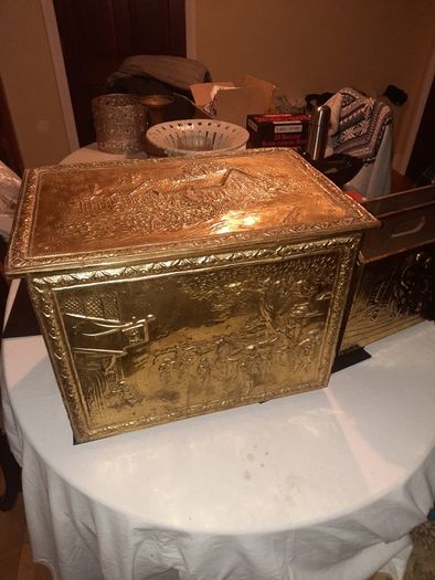 vintage brass log box and magazine rack