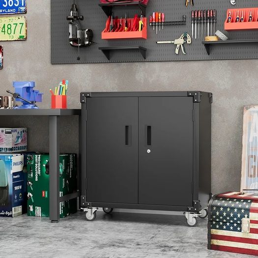 Metal Storage Cabinet with Wheels, Rolling Storage Cabinet with 2 Doors and Adjustable Shelves, Pegboard and 4 Hooks, Suitable for Garage, Home, Office, School, Black