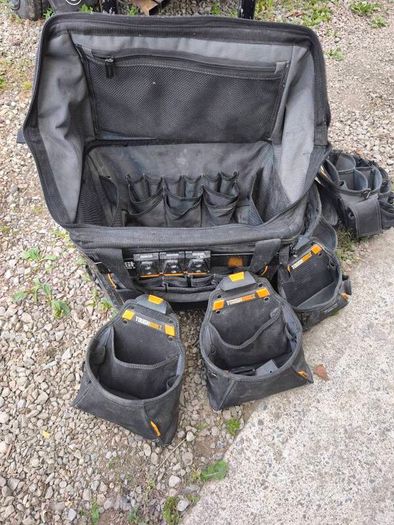 tough built rolling tool bag with various pouches