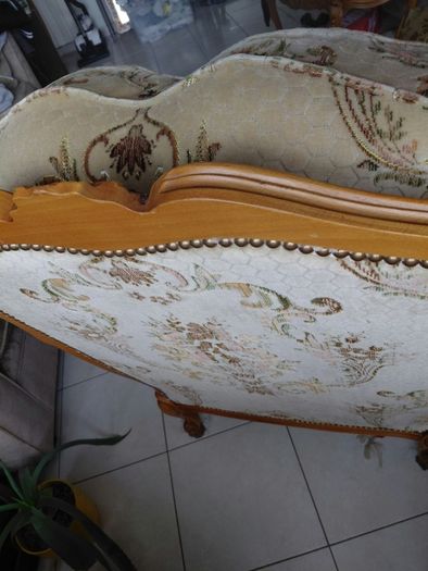 Vintage Louis XV style Chair and rocking footstool beautiful upholstery and wood carved base