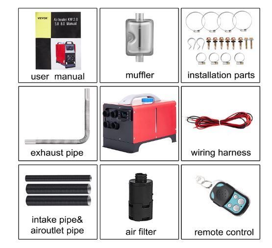 Diesel Air Heater LCD Switch,Remote Control,Silencer, Diesel Heater All in One parking heater with 4 air 8KW 12V outlets for cars, buses, RVs, trucks,