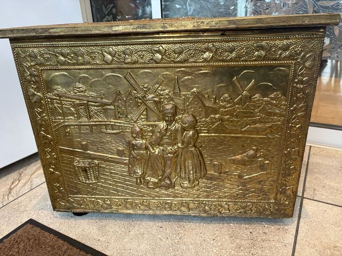 Large Vintage Ornament Embossed Brass coal or log storage box