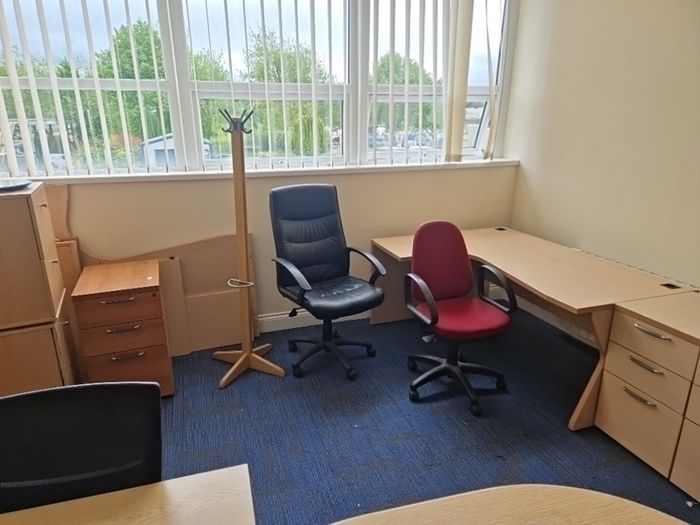 Office furniture for sale. Two desks with drawer pedestals and three chairs.