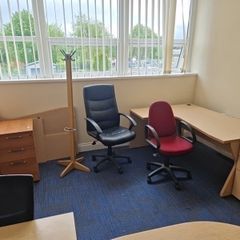 Office furniture for sale. Two desks with drawer pedestals and three chairs.