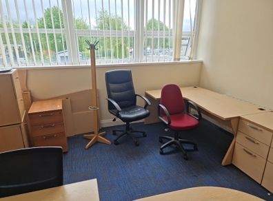 Office furniture for sale. Two desks with drawer pedestals and three chairs.