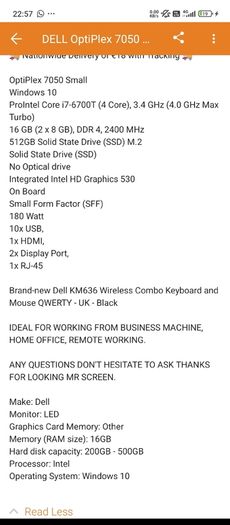Dell optiplex 7050 SFF/intel core i7-6700 vpro processor quad core 16gb ram 52gb m.2 SSD with dell 23,p2317 monitor(set comes with 2 monitors plus monitor stand also the keyboard and mouse