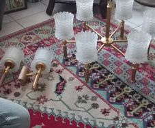 Antique French 20th century brass and 6 opaline glass Chandelier, plus two wall lights, 1970s