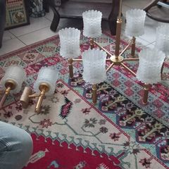 Antique French 20th century brass and 6 opaline glass Chandelier, plus two wall lights, 1970s