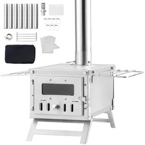 Camping Wood Stove with Chimney Outdoor Heating and BBQ Cooking