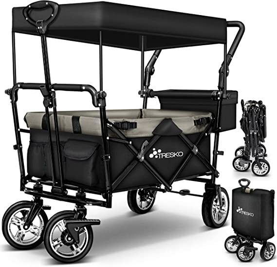 folding handcart with roof, handcart with 3-point belt system, foldable garden trolley, transport trolley with solid rubber tyres, brake and carry bag, green