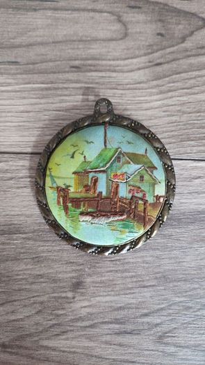 X3 vintage framed creative circle CrossStitch Embroided pictures wishing well, mill and fishing harbour