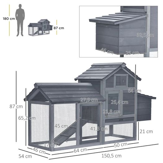 Small Chicken Coop with Run Hen House Poultry Nesting Box Grey 150.5 x 54 x 87cm