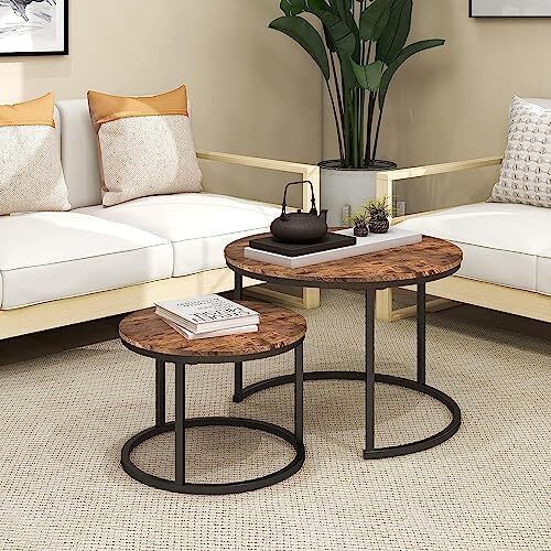 Round Coffee Table, Set of 2 Side Table Nesting Table with Steel Frame and Wooden Top, for Living Room, Bedroom, Balcony, (Rustic Brown/Black, Dia 60/40cm)