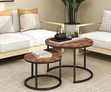 Round Coffee Table, Set of 2 Side Table Nesting Table with Steel Frame and Wooden Top, for Living Room, Bedroom, Balcony, (Rustic Brown/Black, Dia 60/40cm)