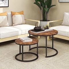 Round Coffee Table, Set of 2 Side Table Nesting Table with Steel Frame and Wooden Top, for Living Room, Bedroom, Balcony, (Rustic Brown/Black, Dia 60/40cm)