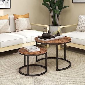 Round Coffee Table, Set of 2 Side Table Nesting Table with Steel Frame and Wooden Top, for Living Room, Bedroom, Balcony, (Rustic Brown/Black, Dia 60/40cm)