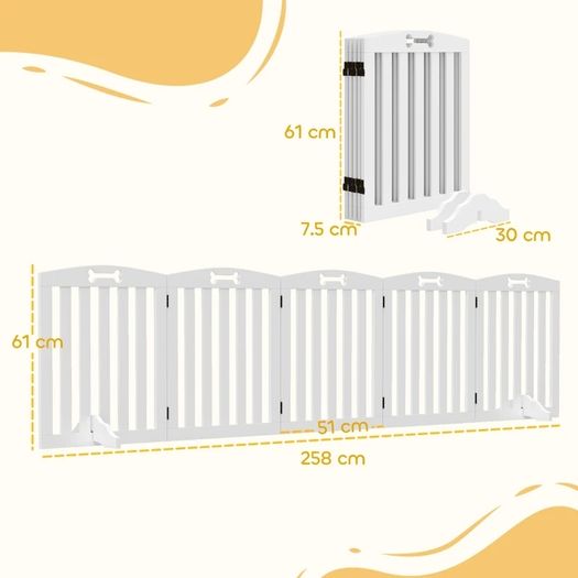 Freestanding Dog Gate with Support Feet, for Doorframes, Hallways, Stairs, 258 x 30 x 61 cm, White