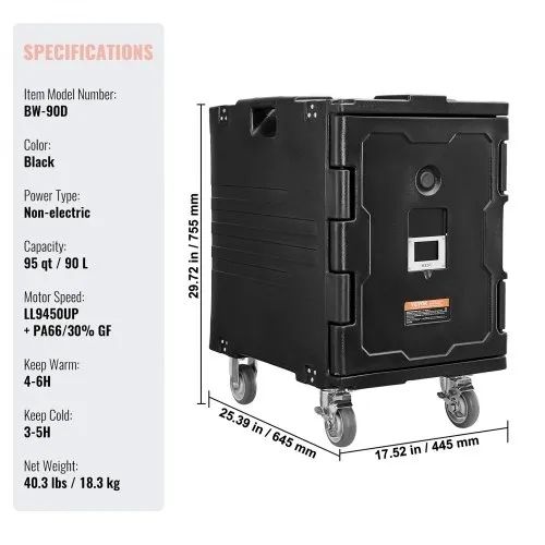 Insulated Food Pan Carrier, 95 Qt Hot Box for Catering, Food Box Carrier with Buckle, Front Loading Food Warmer with Handles, End Loader with Wheels for Restaurant, Canteen