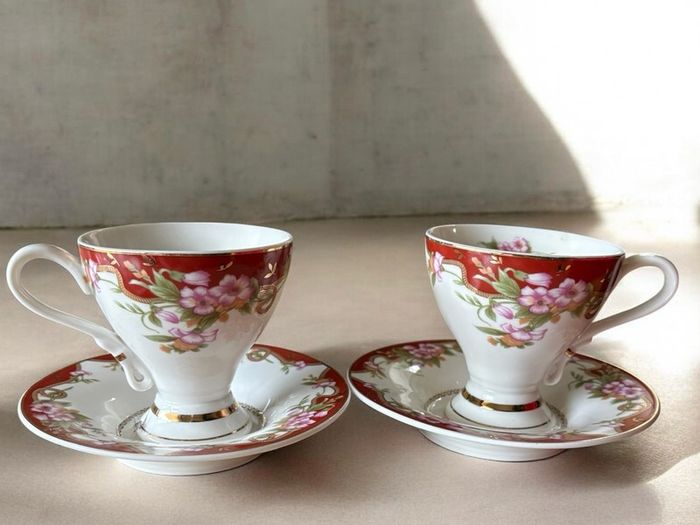 Stunning Porcelain Teacup and Saucer Set of 2 Red and Floral Design