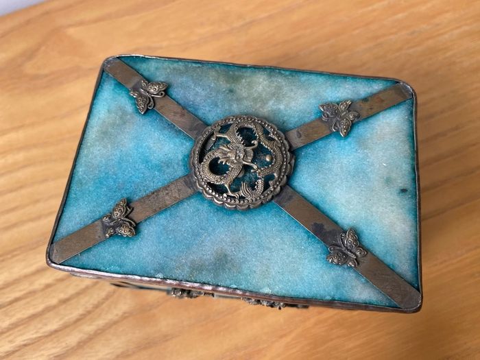 Vintage Chinese Stone Agate? Box with Ornamental Lion Head Dragon Phoenix Butterfly