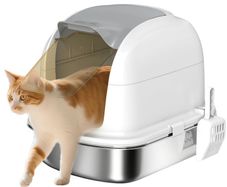 Stainless Steel Cat Litter Box with Lid, Litter Tray, Scoop, for Cat under 5 kg, 52.4 x 41.3 x 42 cm, White