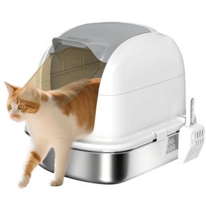 Stainless Steel Cat Litter Box with Lid, Litter Tray, Scoop, for Cat under 5 kg, 52.4 x 41.3 x 42 cm, White