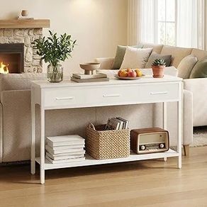 Console Table with 3 Fabric Drawers, Narrow Console Table with Open Shelf, 97 cm L Slim Entryway Table, Couch Table, for Hallway, Living Room, Bedroom, White