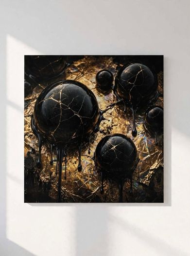 Limited edition contemporary tech-art, abstract series - Black oil spheres / gold leaf texture