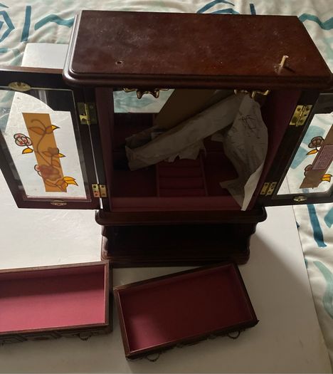 jewellery box Vintage Wooden Wardrobe Jewelry Armoire Box Floral Glass Double Doors & 5 Drawers