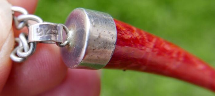 Vintage Red Fossilized Coral .925 Sterling Silver handcrafted Large Bali Bracelet and Red Coral Horn Pendant Necklace
