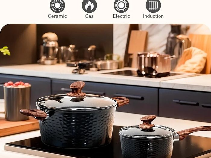 Kitchen Academy Non Stick Cookware, Pots Pans Sets with Lids 15PCS Black Induction Hob Pan Set, Saucepan Set, Granite Cookware, Nonstick Frying Pan, Cooking Pot Pancake Sets Non Toxic for All Hobs