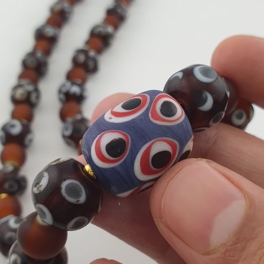 Antique Venetian African Style Skunk Eyes & Brown Glass Beads Necklace