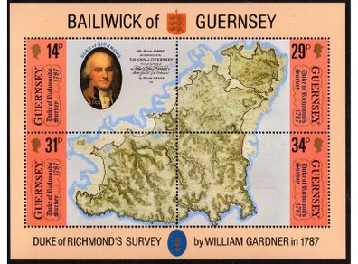 1987 Guernsey Duke of Richmond Survey of Guernsey Commemorative Stamps Miniature Sheet Mint Never Hinged (MNH)